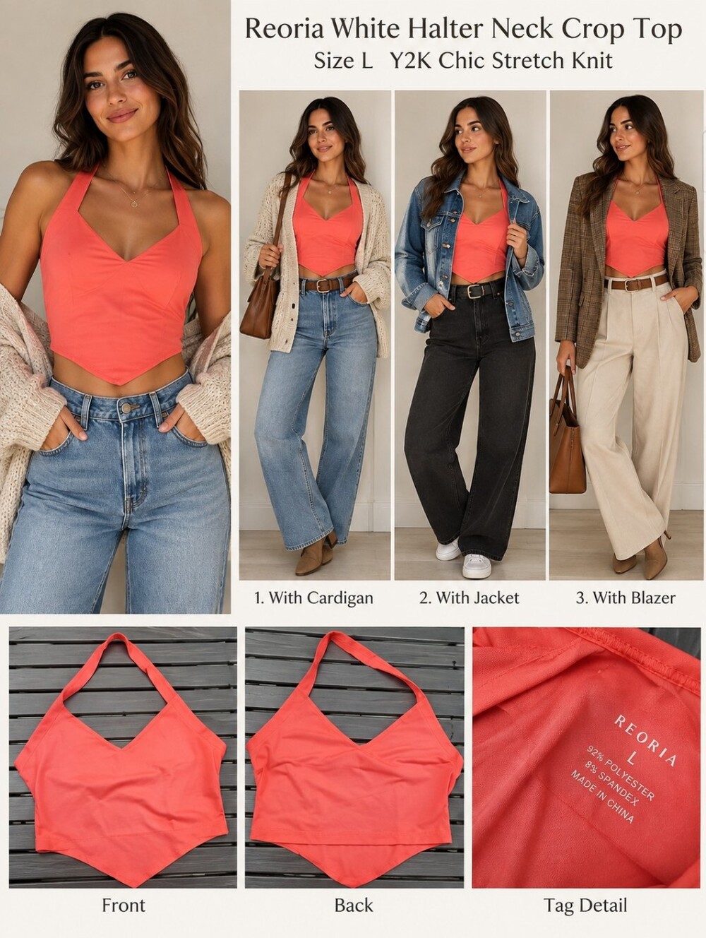 Reoria White Halter Neck‎ Crop Top Size L Y2K Chic Stretch Knit